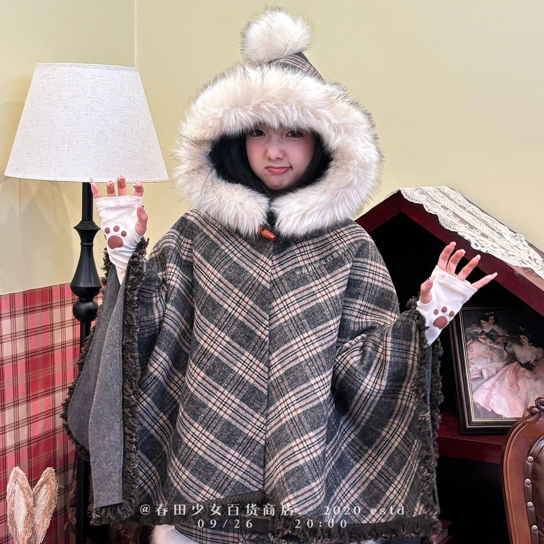 赫奇学院复古格纹无袖披肩连帽斗篷毛呢加厚韩系圣诞秋冬女复古