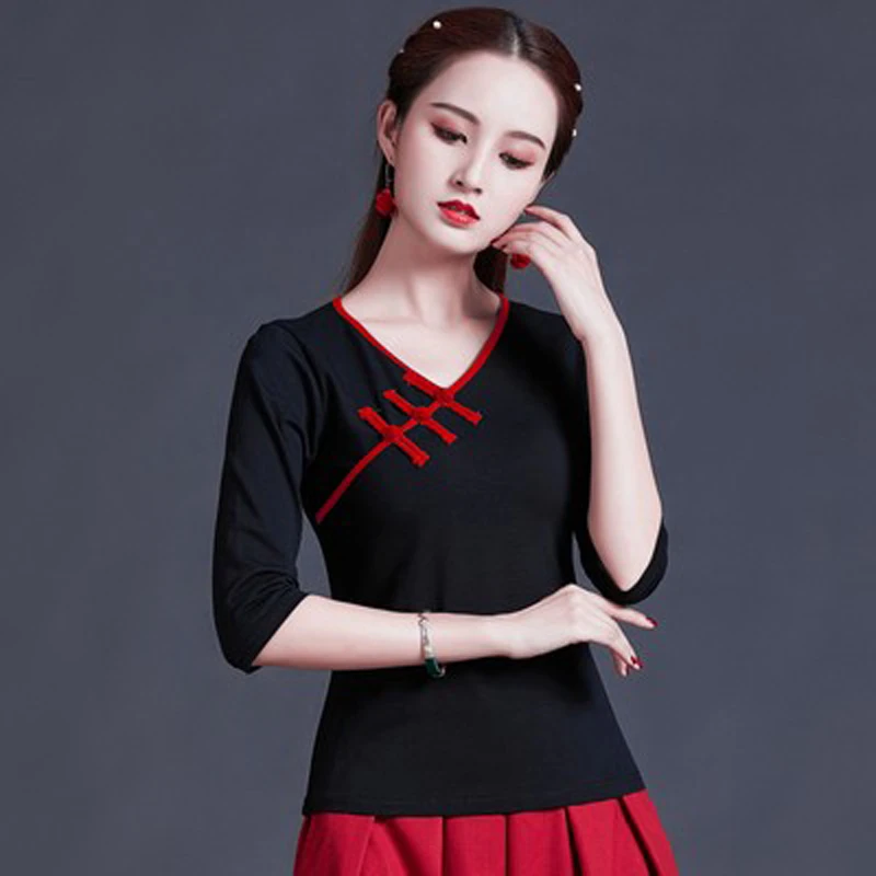 【宠粉价】中国风七分袖棉T恤女上衣女复古文艺民族风盘扣打底衫