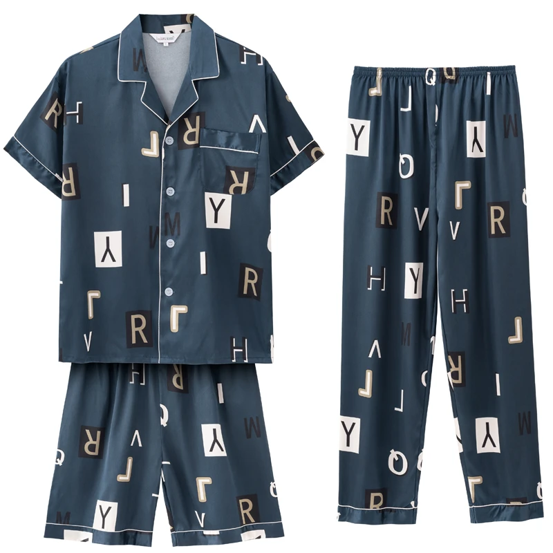 夏季新款短袖+长裤+短裤 三件套男士冰丝睡衣家居服套装大码青年