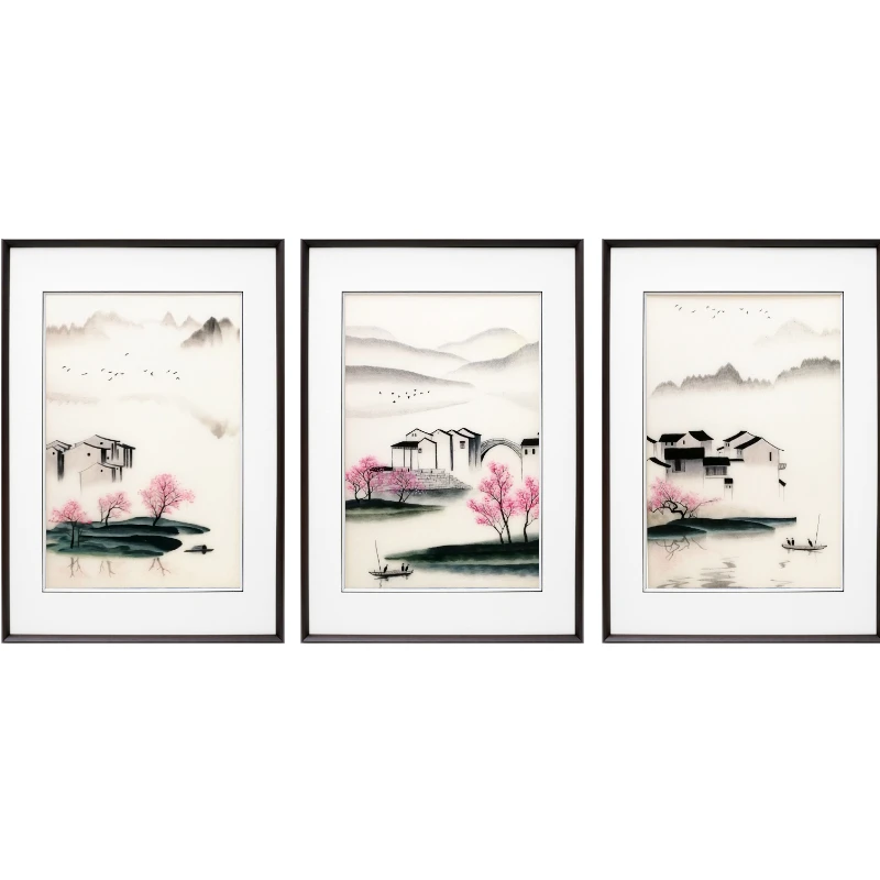 纯手工苏州刺绣苏绣成品挂画客厅三联装饰画 忆江南 水乡