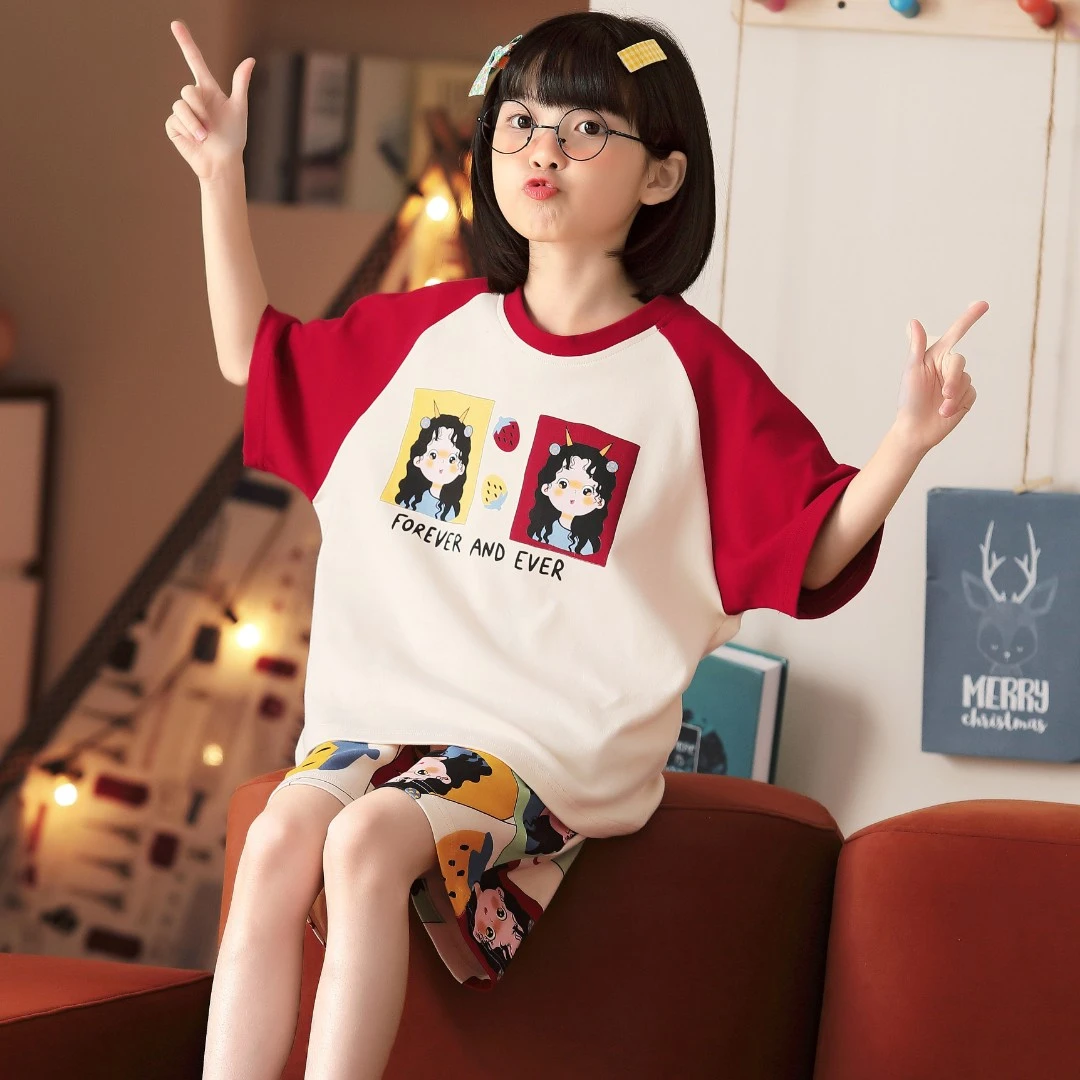YUZHAOLIN/俞兆林女童睡衣儿童夏纯棉薄款短袖女孩卡通家居服套装