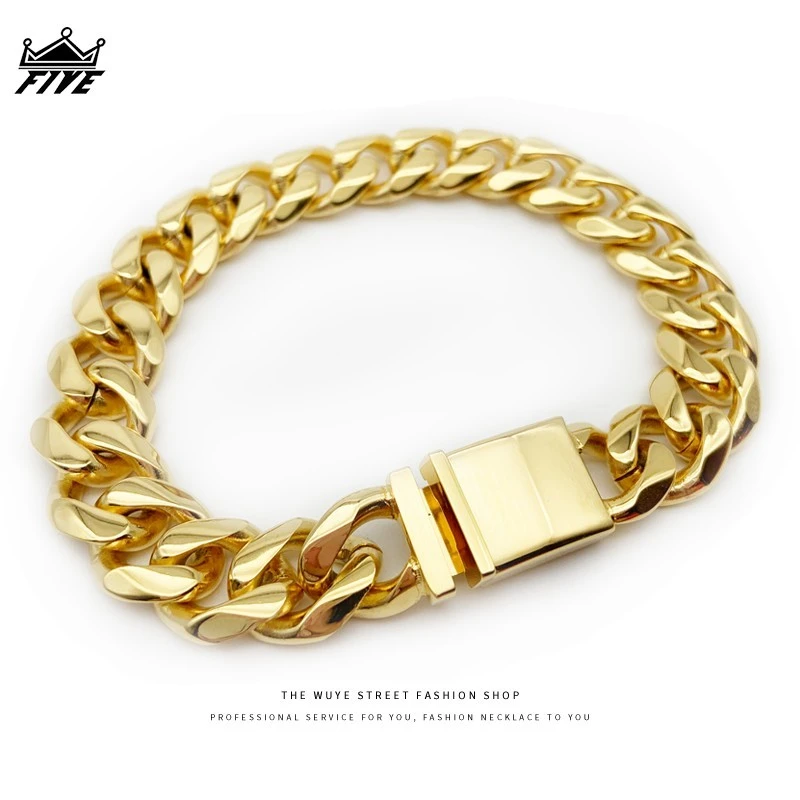 钛钢素款手镯欧美潮流钛钢镀金古巴手链男女简约街头手镯嘻哈饰品