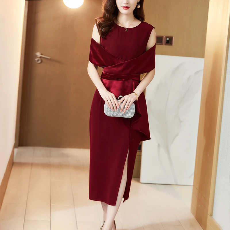 酒红色醋酸缎面礼服连衣裙2025夏季新款高贵喜婆婆显瘦婚宴长裙女