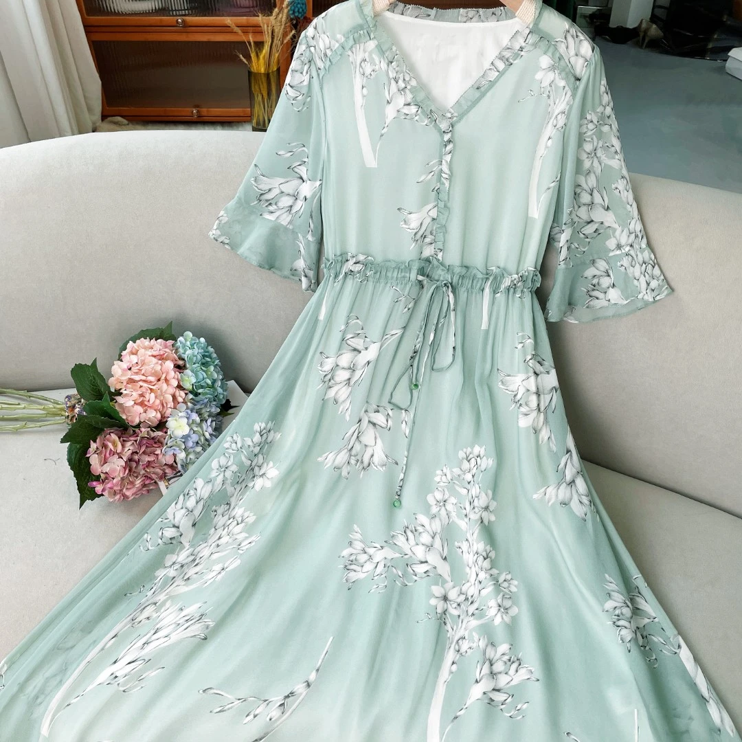 ZHUOXI/着西 春天仙女裙V领气质收腰桑蚕丝印花连衣裙8635