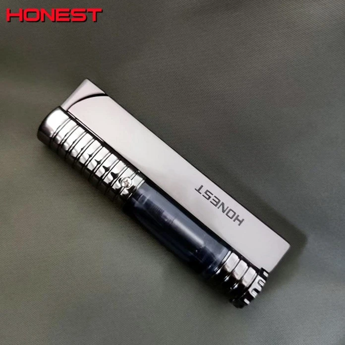 百诚打火机可充气直冲蓝焰大火力可视气窗超薄金属点烟器男礼物