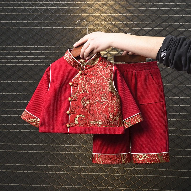 儿童汉服春秋装女童拜年服唐装过年衣服男宝宝周岁礼服中国风T101