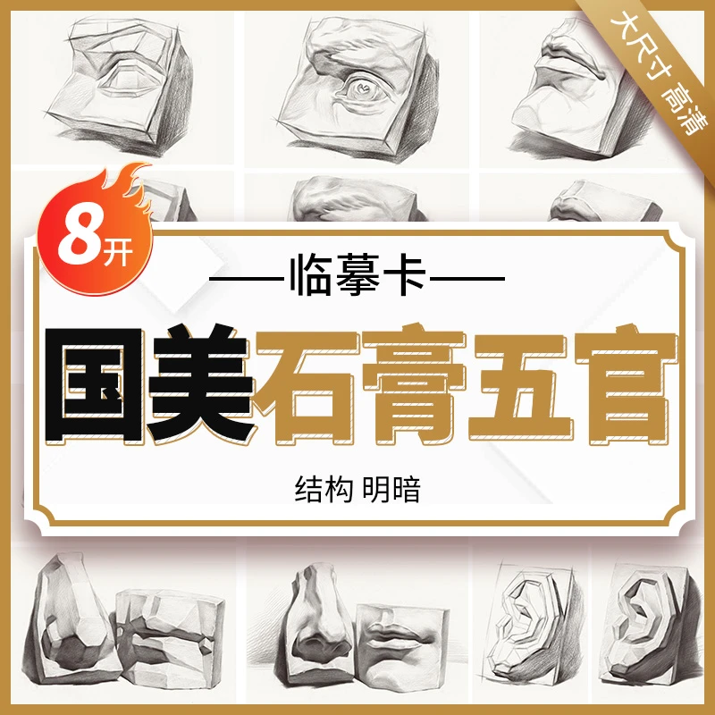 智绘鸟国美石膏五官临摹卡8K 头像五官卡片高清精微意画卡明暗