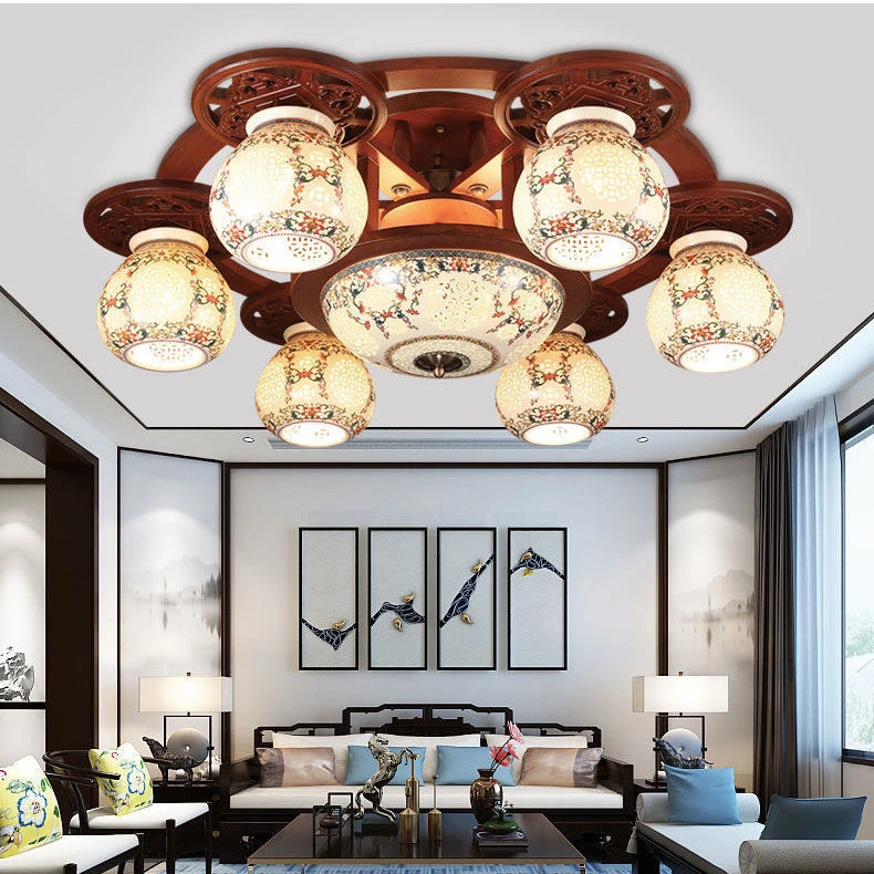 新中式陶瓷吸顶灯中国风仿古实木客厅灯古典木艺别墅卧室餐厅灯具