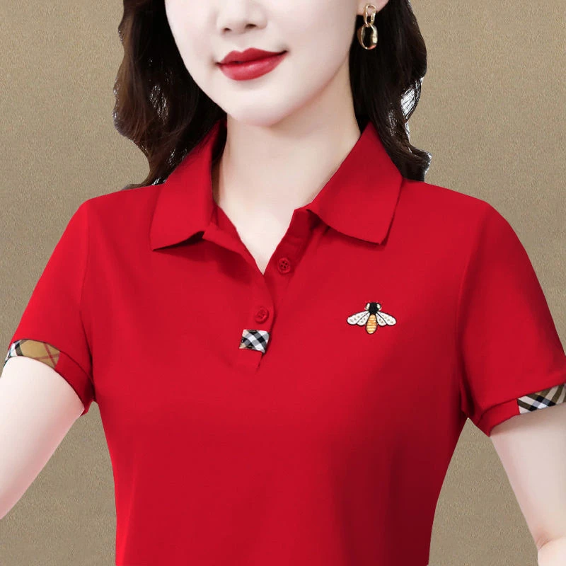 短袖翻领T恤女2024夏装棉新款绣花洋气polo衫女款气质减龄上衣