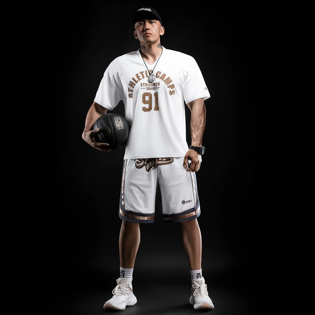 MonsterGuardians男子V领网眼透气短袖夏季篮球宽松印花运动T恤