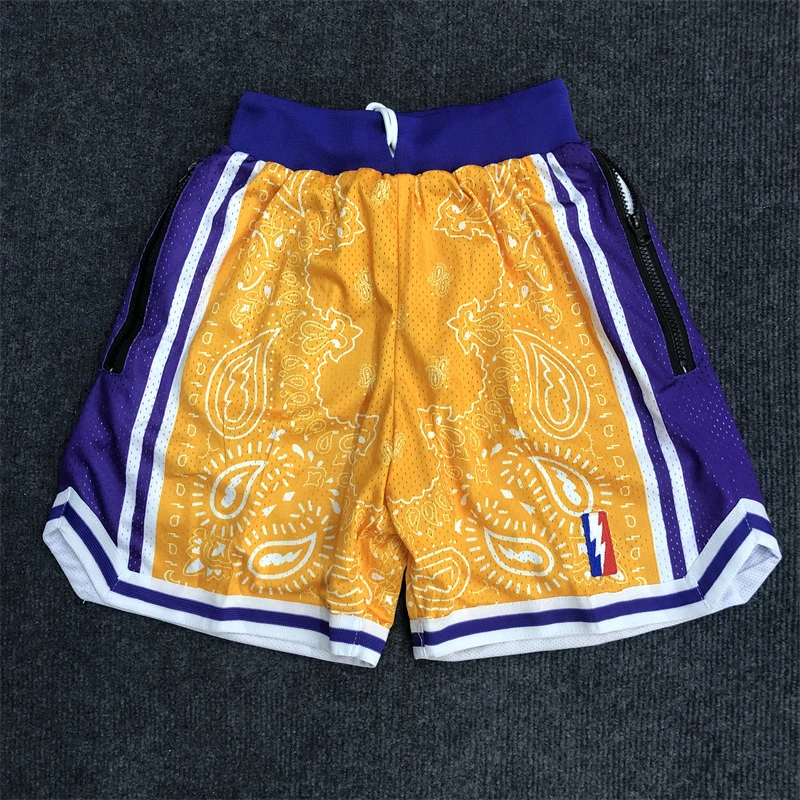 美式不过膝双层复古湖人詹姆斯同款球裤腰果花系列篮球运动短裤潮