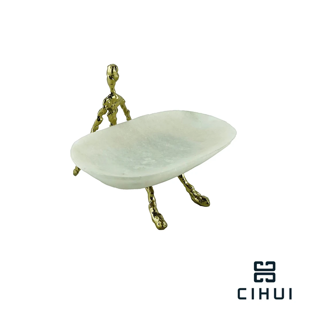 印度进口黄铜 手工火柴人托盘摆件 家用家居收纳装饰品【高11cm】