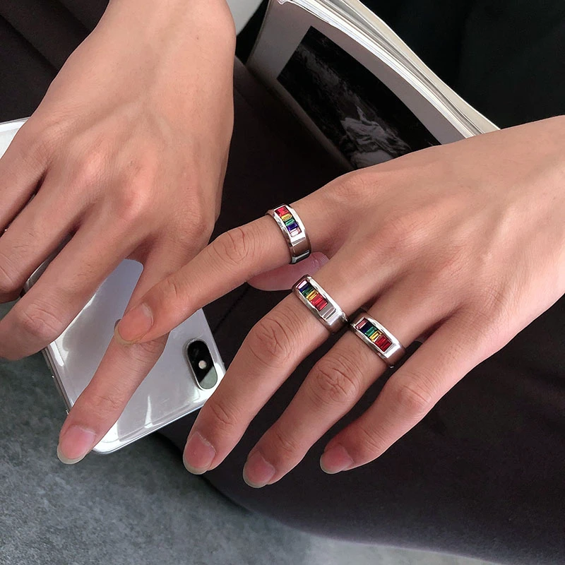 钛钢合成锆石戒指 潮牌拼色宝石戒指ins原创设计个性钛钢情侣指环