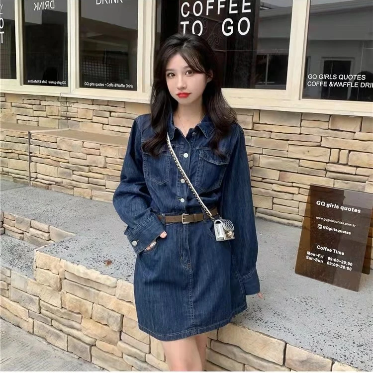 新款港味复古收腰长袖修身显瘦中长款牛仔连衣裙