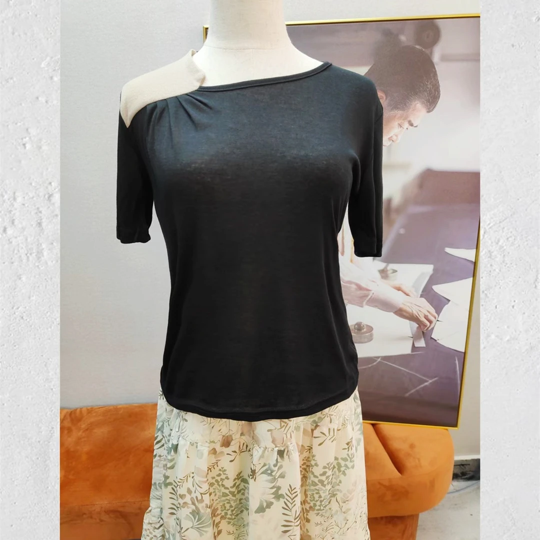 夏季新款气质百搭不规则拼接清凉小衫宽松通勤T恤