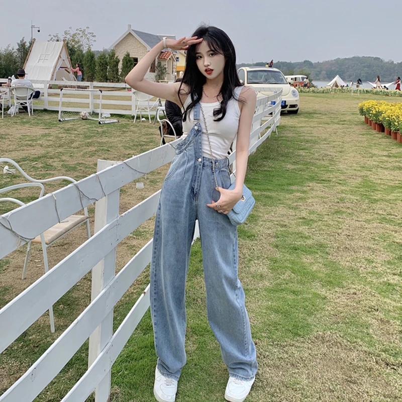 单肩牛仔背带裤女设计感小众夏季2022新款时尚韩版小个子阔腿裤子