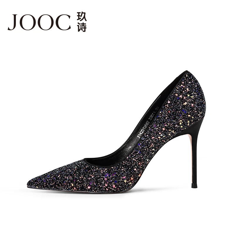 JOOC玖诗新款时尚尖头亮片高跟鞋女细跟浅口性感单鞋新娘宴会小码