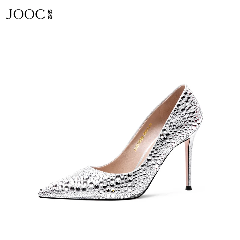 JOOC玖诗水钻高跟鞋尖头单鞋水晶婚鞋宴会小码细跟女鞋5627