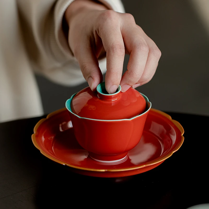 故宫红盖碗茶杯单个家用陶瓷三才茶碗中式简约不烫手泡茶功夫茶具