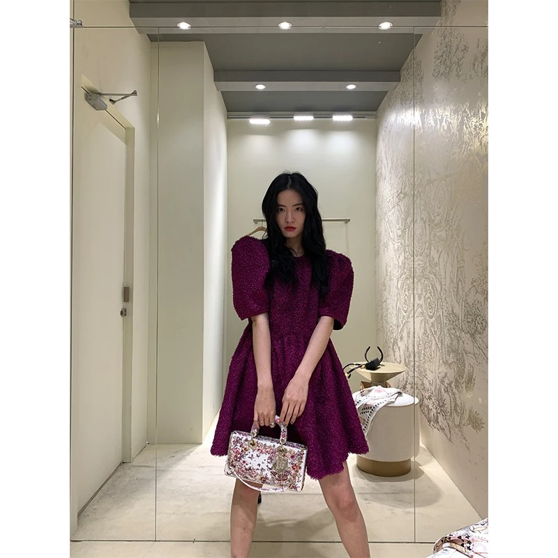 TOROON 圈圈绒泡泡短袖连衣裙女收腰显瘦设计感大摆裙子T2445