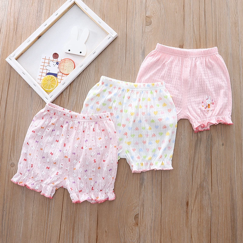 3条装夏季女宝宝短裤A类纯棉 竖条网眼薄款 儿童花边三分灯笼裤