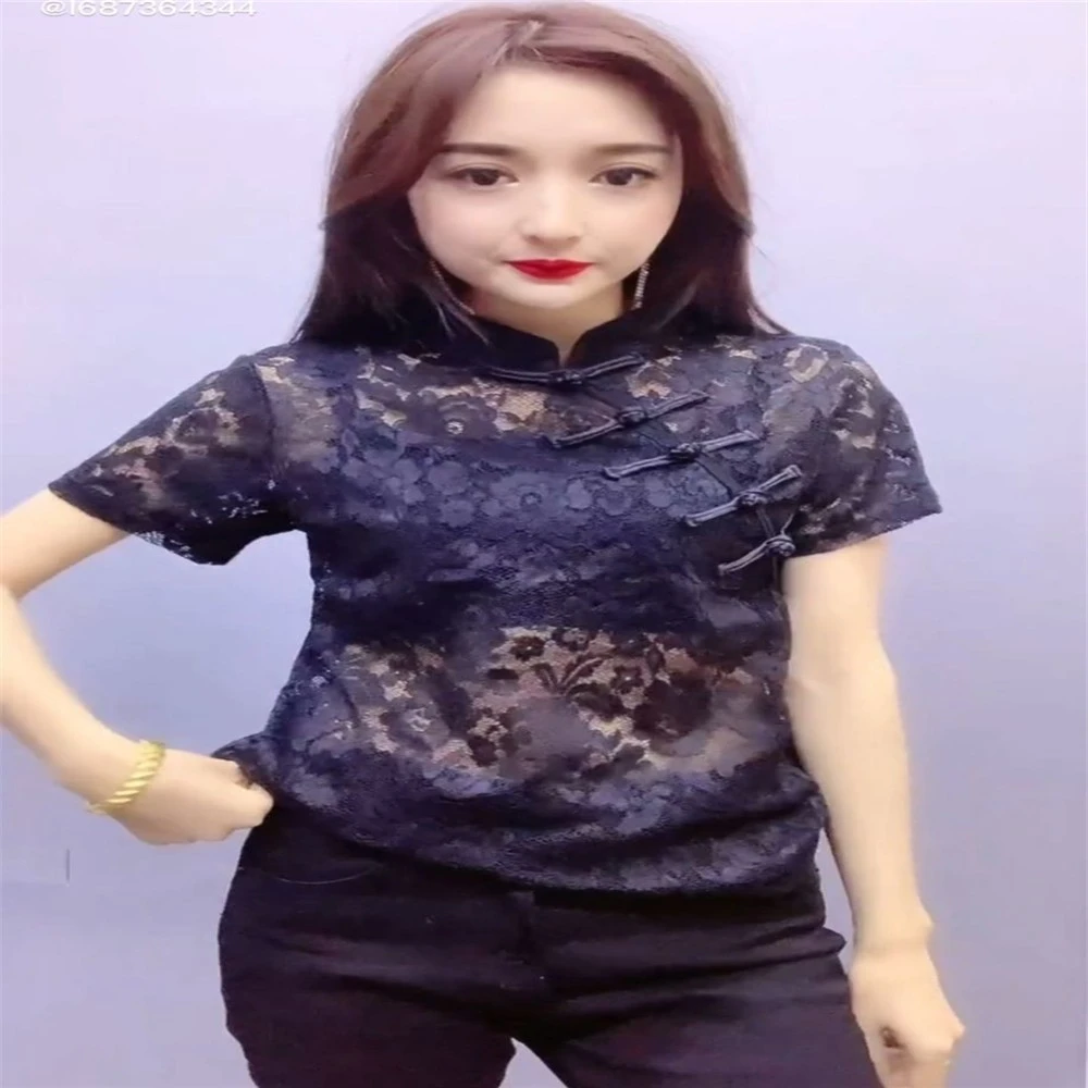 欧洲站2023夏季立领内搭打底衫女洋气盘扣网纱蕾丝短袖t恤上衣潮