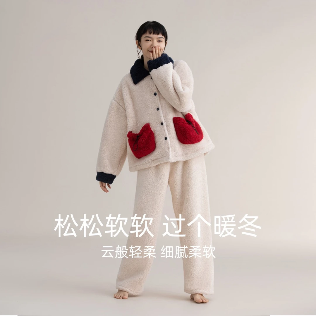 红豆睡衣女加厚绒秋冬季女士加绒甜美法兰绒休闲可外穿家居服套装