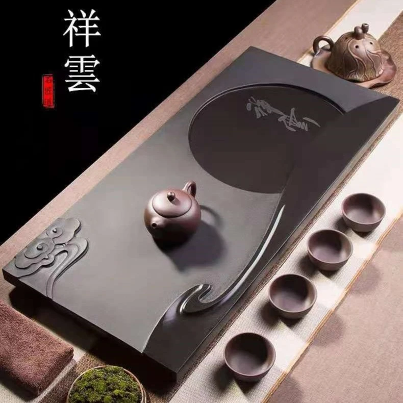 【新客立减】天然乌金石茶盘茶海简约茶台直排家用雕刻祥云长茶托
