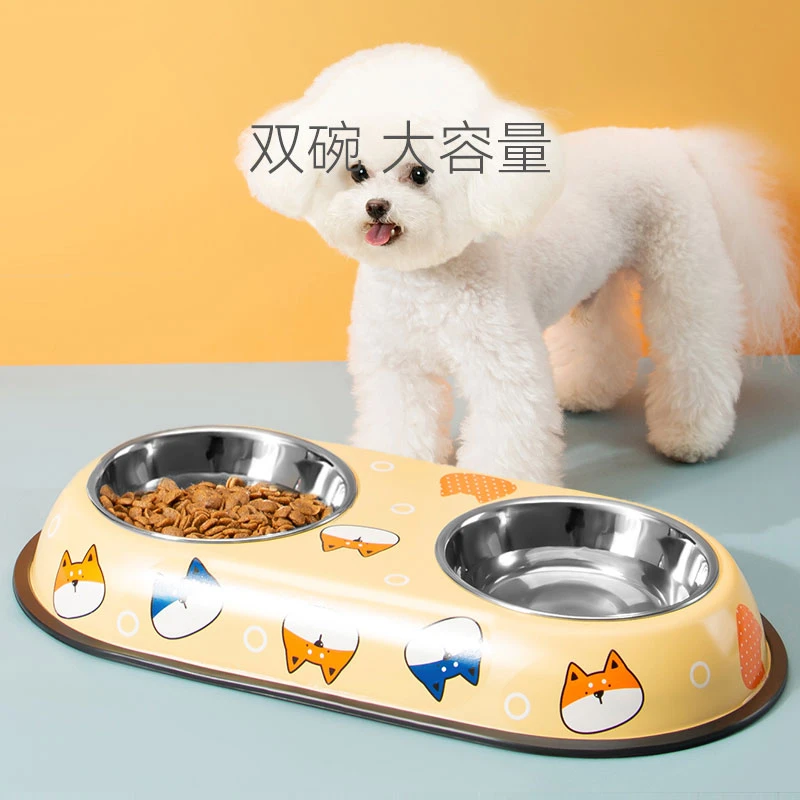 狗食盆猫咪碗食盆双碗不锈钢大容量狗碗防打翻宠物碗狗狗用品4856