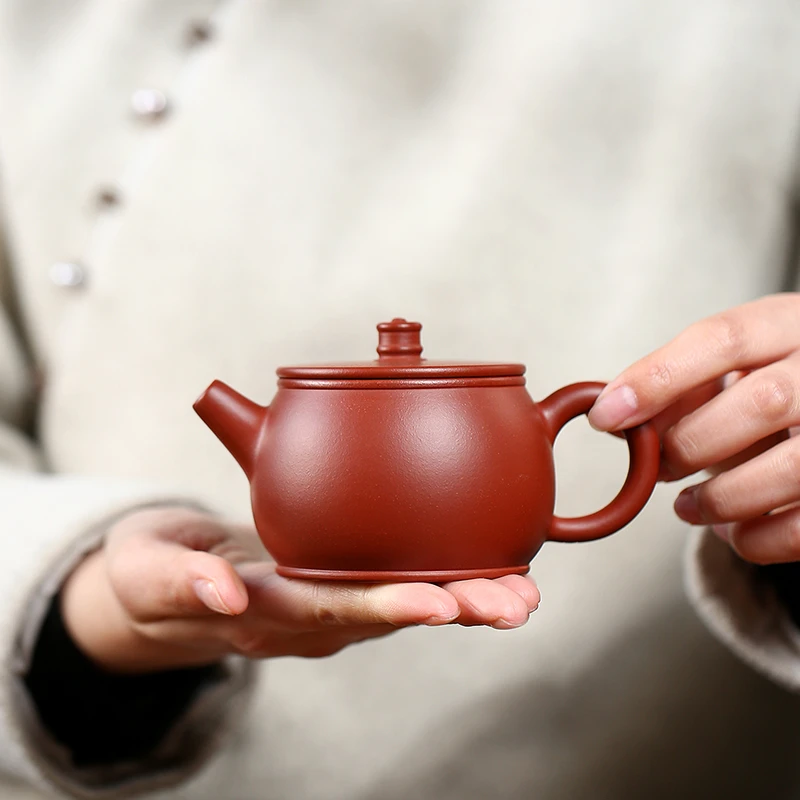 宜兴紫砂壶手工茶壶家用茶具原矿大红袍朱泥小汉瓦壶宽口井栏壶