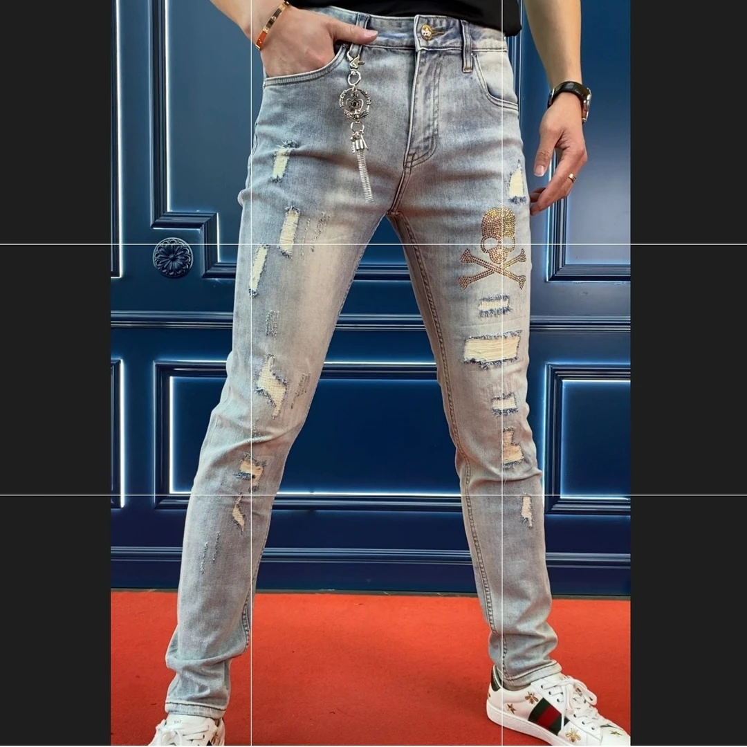 【也许家】新品夏季欧货骷髅头修身夏季弹力牛仔裤NB1902