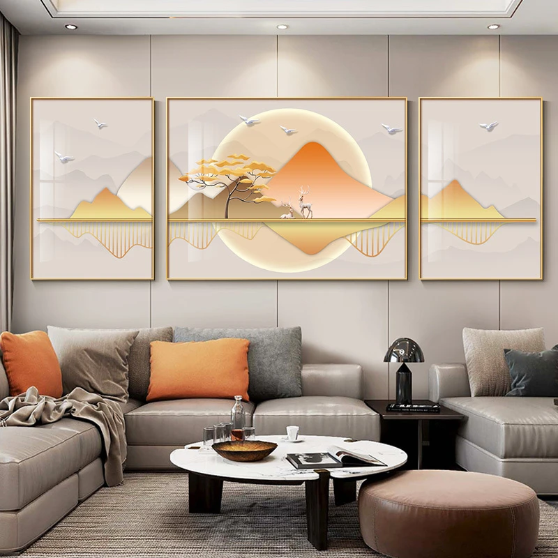 轻奢客厅沙发背景墙装饰画抽象大气三联山水新中式高端晶瓷挂画