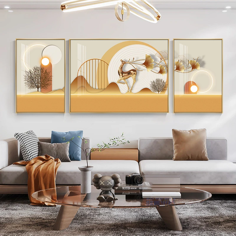 现代简约客厅沙发背景墙装饰画大气轻奢风客厅三联挂画高级感壁画