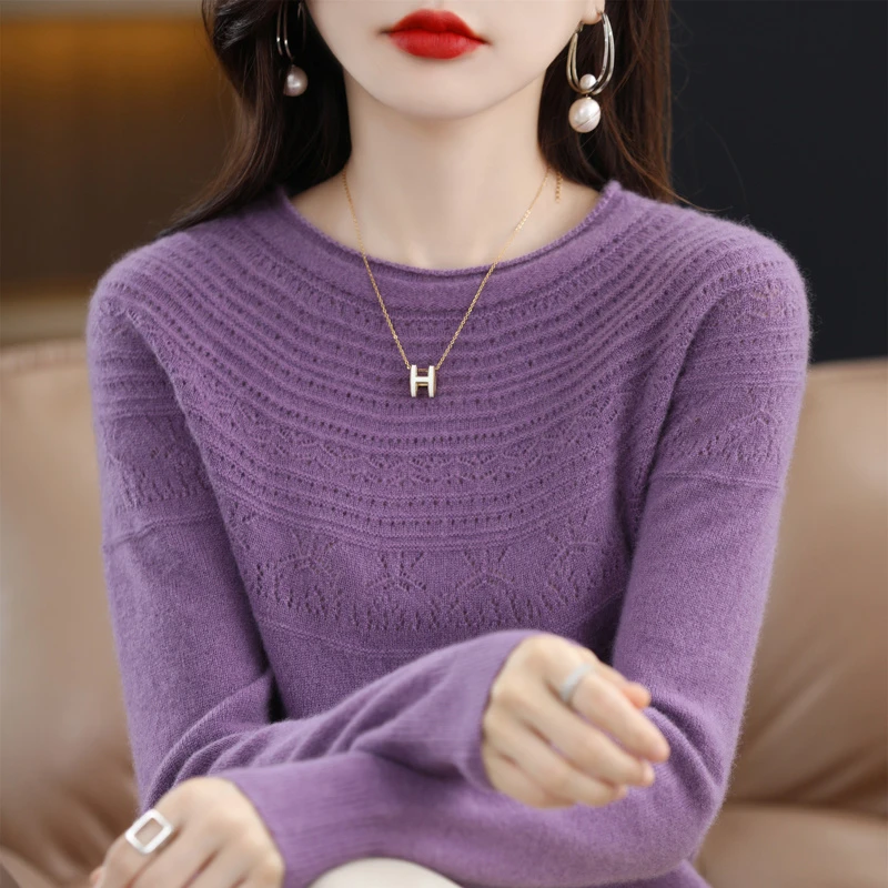 一线成衣羊毛衫女圆领镂空设计感短款套头针织打底毛衣法式宽松