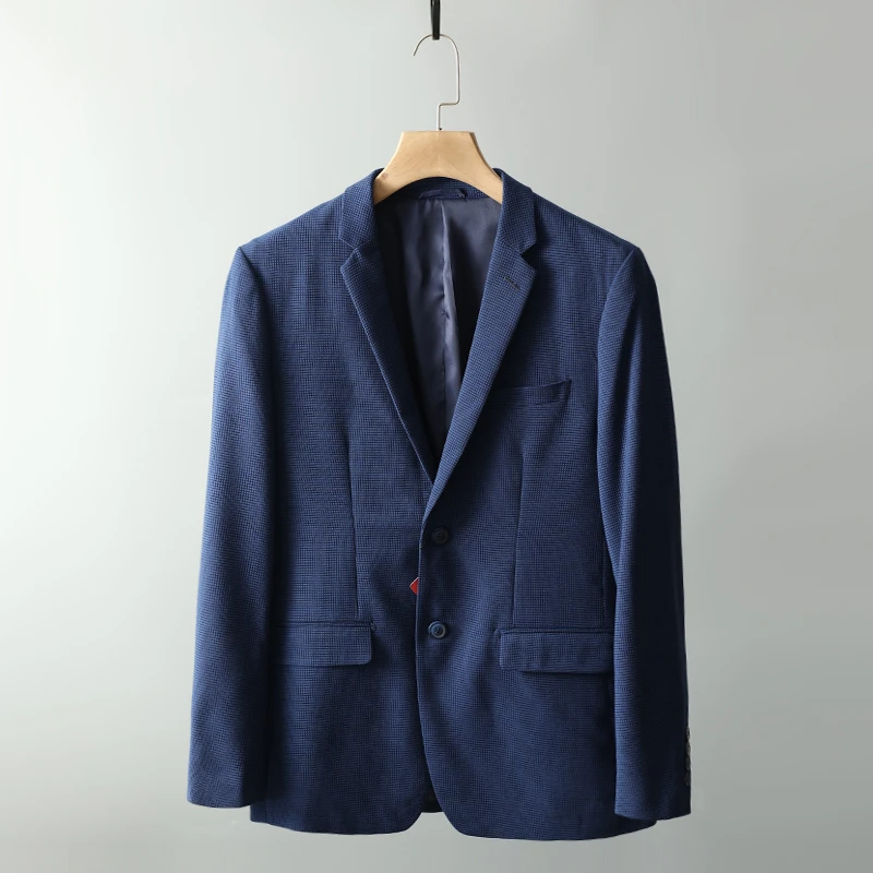 时尚经典简约蓝色男士平驳领条格休闲西服 91H0015