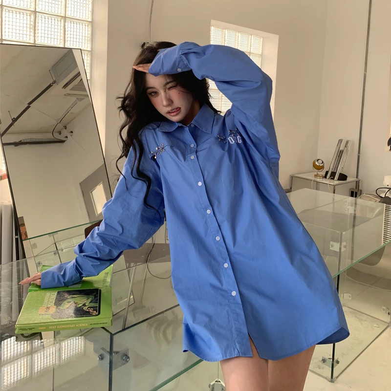 OBGD原创设计师新款酷辣妹风中长款纯欲宽松长袖衬衫秋季上衣Y106