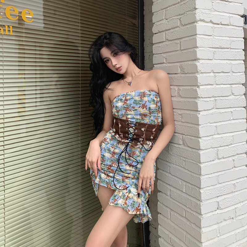 OBGD原创纯欲辣妹连衣裙女夏季复古无袖抹胸碎花性感包臀裙子Y100