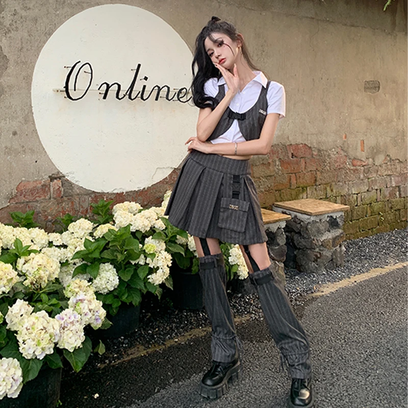 OBGD酷拽裙套装甜辣少女短袖马甲上衣设计感机能百褶半身短裙U4