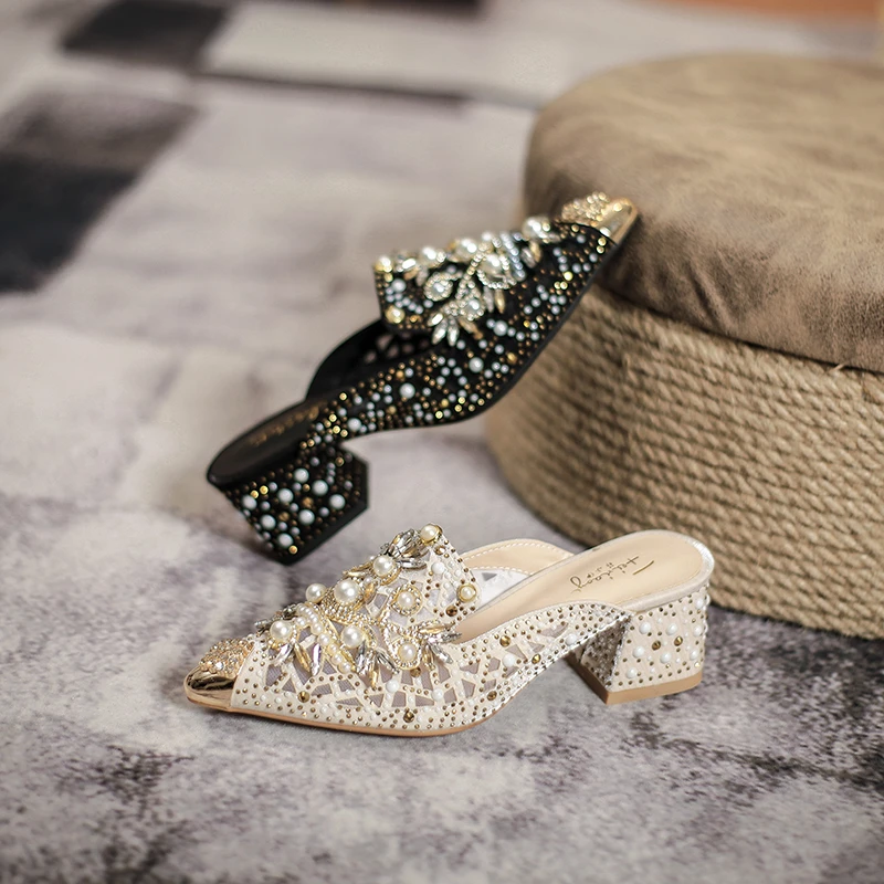 FEIXIAOYI/菲小伊新款时尚尖头粗跟珍珠花韩版水钻百搭包头凉拖女