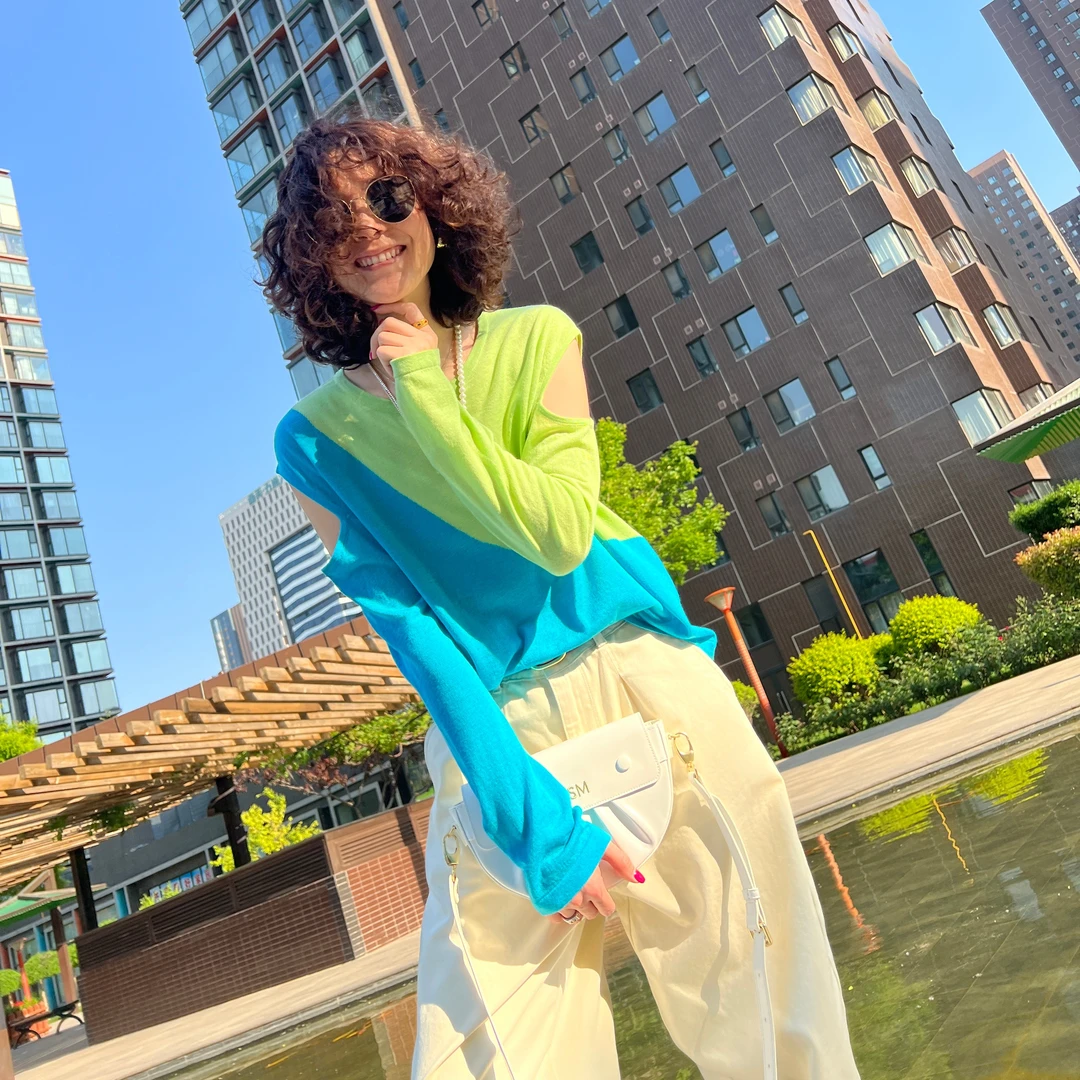 露肩撞色超细百搭羊毛宽松套头衫时尚休闲通勤显瘦长袖圆领2377