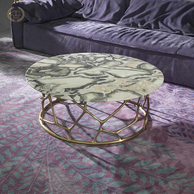 潮巢意式轻奢黄铜茶几 天然卡拉拉金大理石 毕加索奢石 风水家具