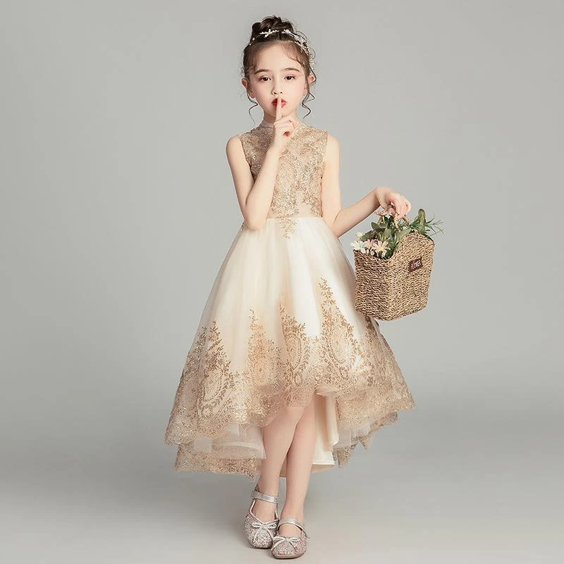 儿童礼服公主裙香槟色蓬蓬纱花童婚纱裙女童走秀主持人演出服生日