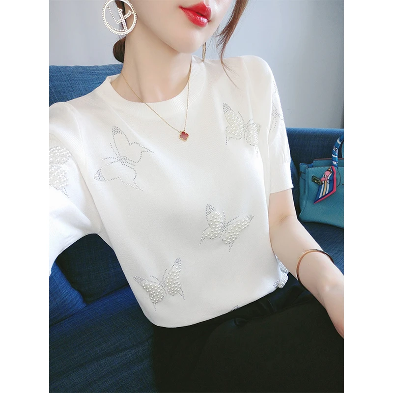 反季白色冰丝针织衫短袖T恤女夏季2024新款重工钉珠镶钻宽松上衣