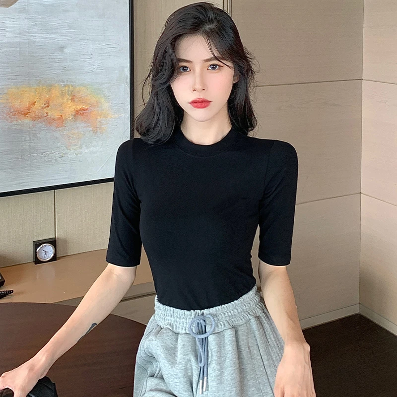 黑色中袖打底衫女半高领紧身t恤夏2024年新款五分袖上衣内搭ins潮