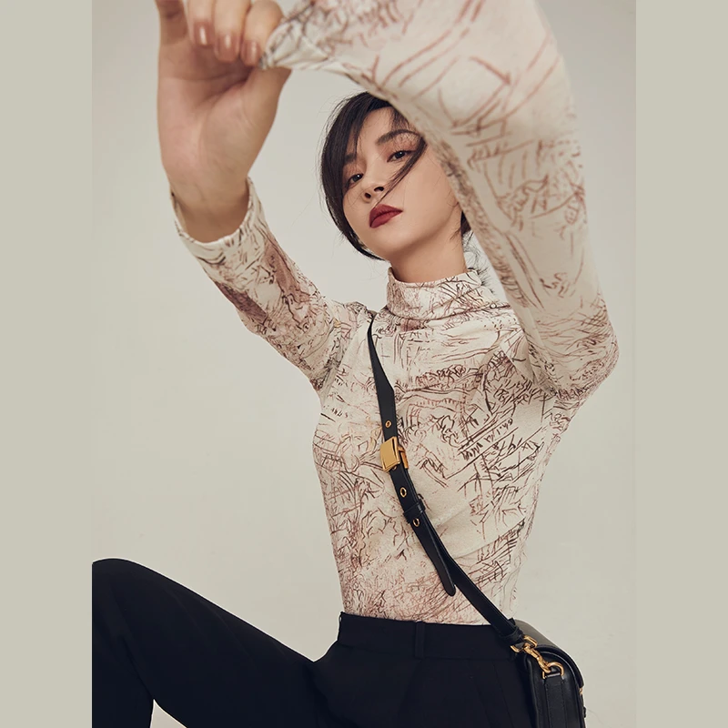 胶囊系列印花弹力高领打底衫新款显瘦百搭C200963CT3小众长袖套装