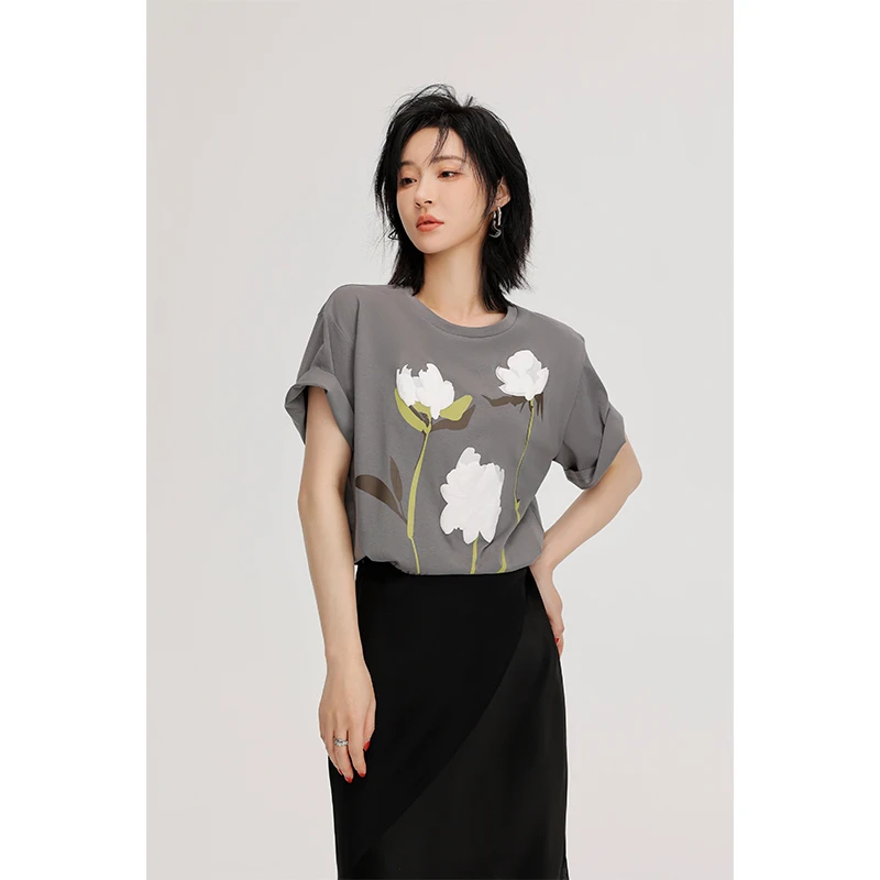 NAVST芍药印花短袖圆领T恤百搭休闲时尚小清新X2206083DT3SW
