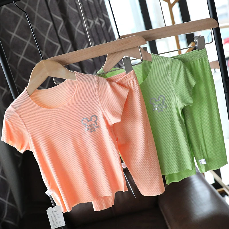 儿童无痕睡衣套装夏薄款七分长袖宝宝家居服男女童婴儿1272