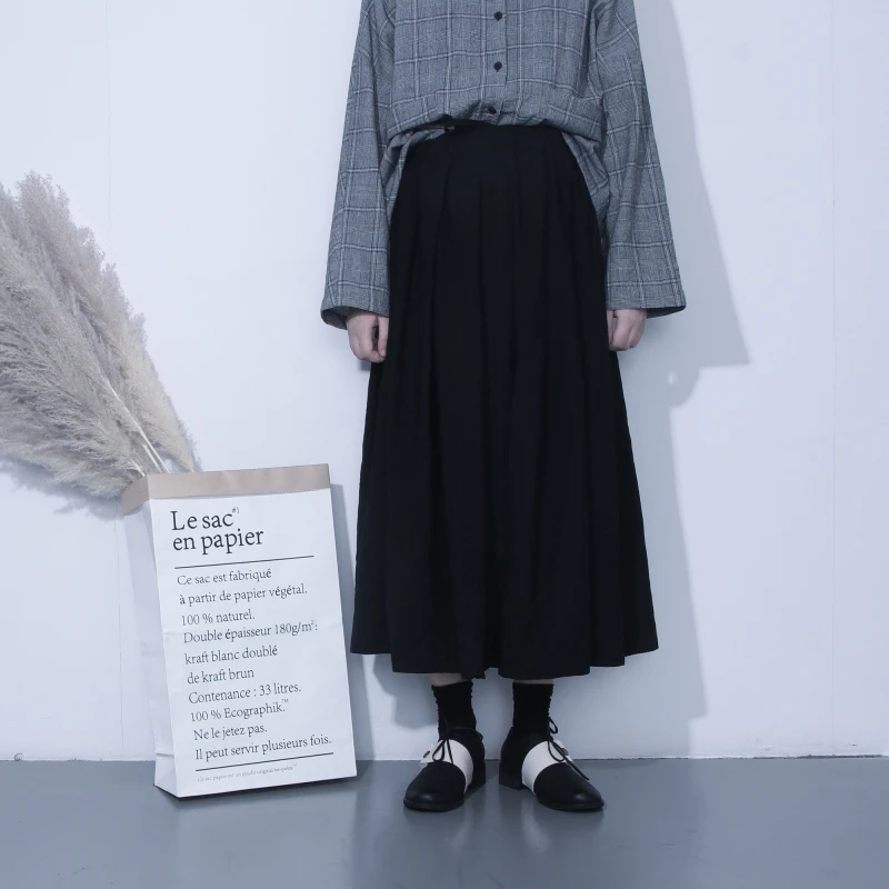 GFW/山本耀司暗黑风日系大码微胖定制胖mm百褶裙大摆黑色半身裙夏