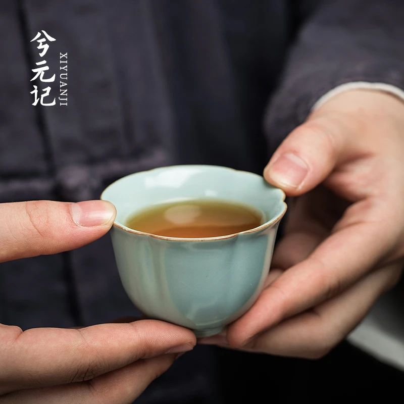 汝窑天青花瓣杯陶瓷可养开片泡茶小茶杯家用简约单个单杯功夫茶具