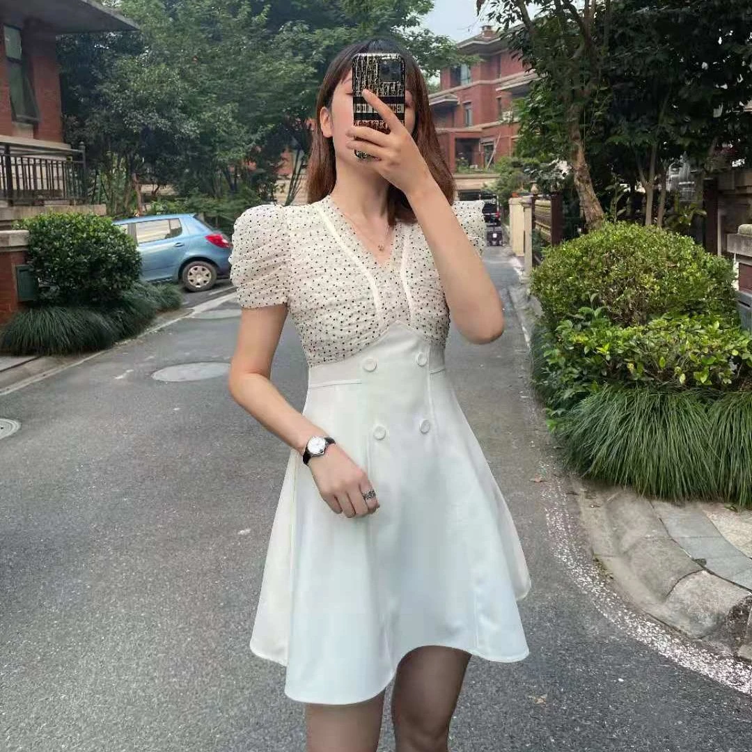 DL女装定制泡泡袖拼接A字下摆连衣裙2019